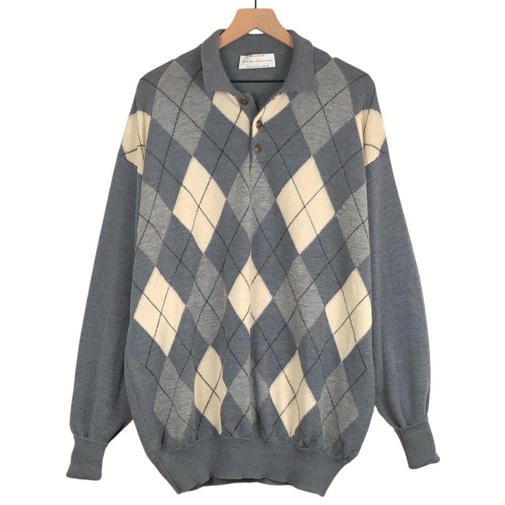 VTG CLARK GREGORY Merino Wool Argyle Polo Sweater Men's XXL Gray Cream Scotland